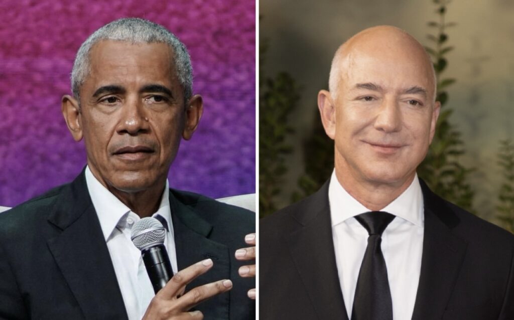 Obama and Bezos argue about prioritizing saving Earth versus exploring space.